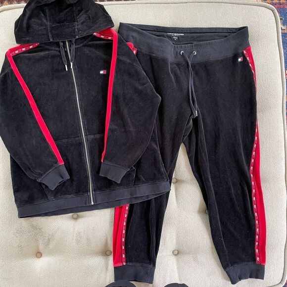 Tommy Hilfiger Sport Red Black Logo Velour Track Suit Hoodie Pants 0X 1X - Picture 1 of 16